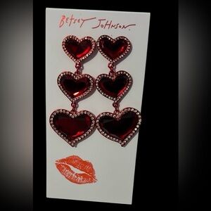 BETSEY JOHNSON Valentine Love Spell Linear Red Glass Hearts w/ Crystals NEW NWT
